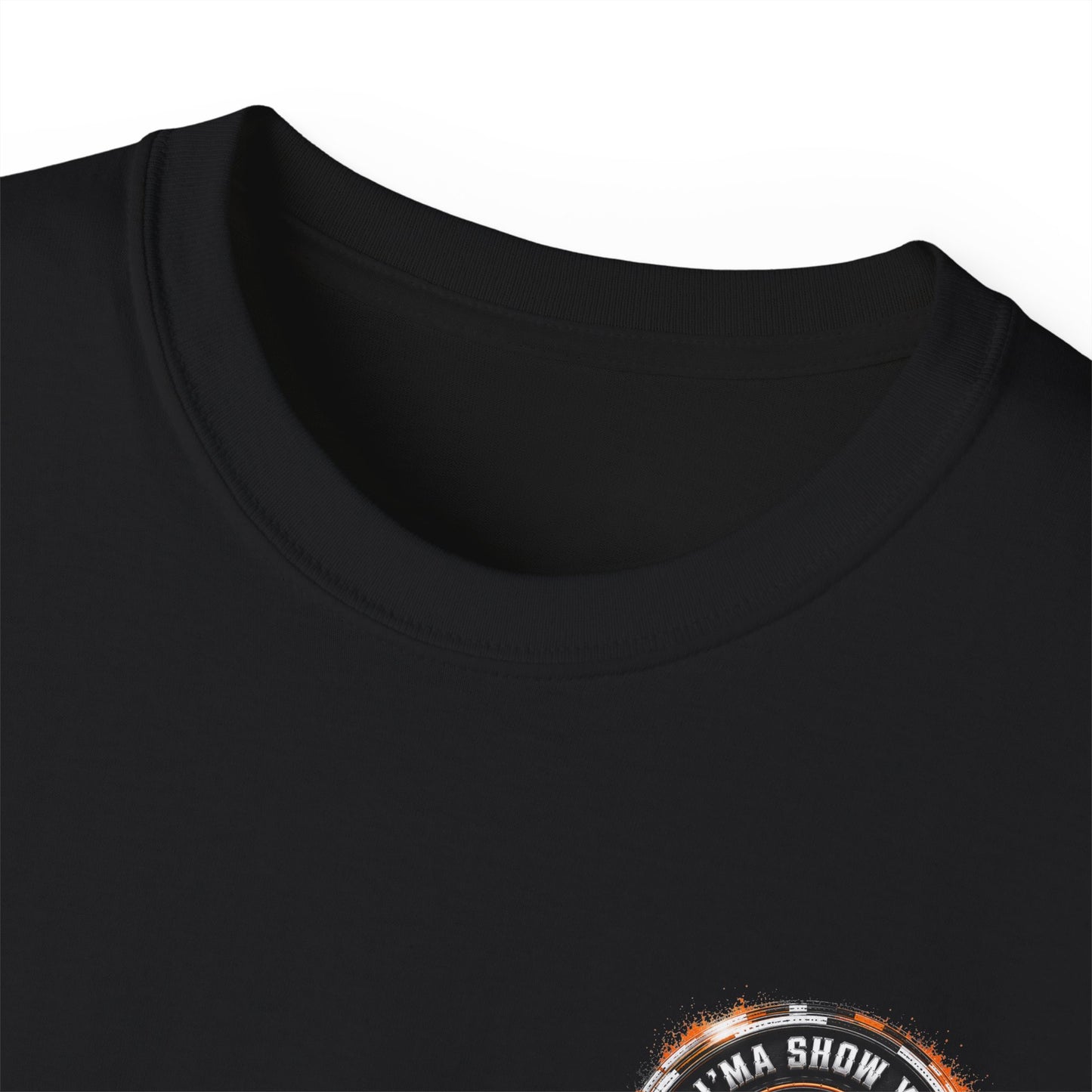 Black T‑Shirt with Orange Holographic Poker Chip Logo – Casino Night Tee