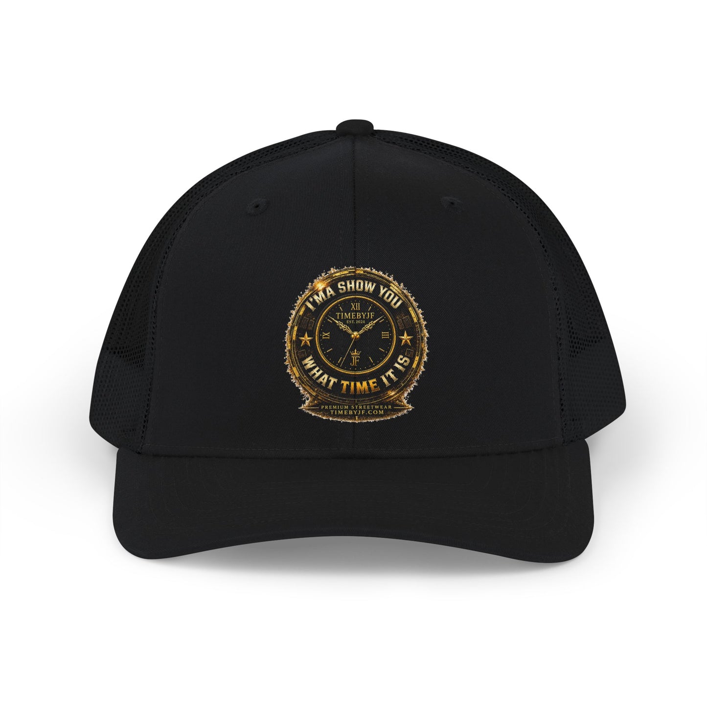 Trucker Cap — "What Time Is It?" Vintage Clock Patch Snapback