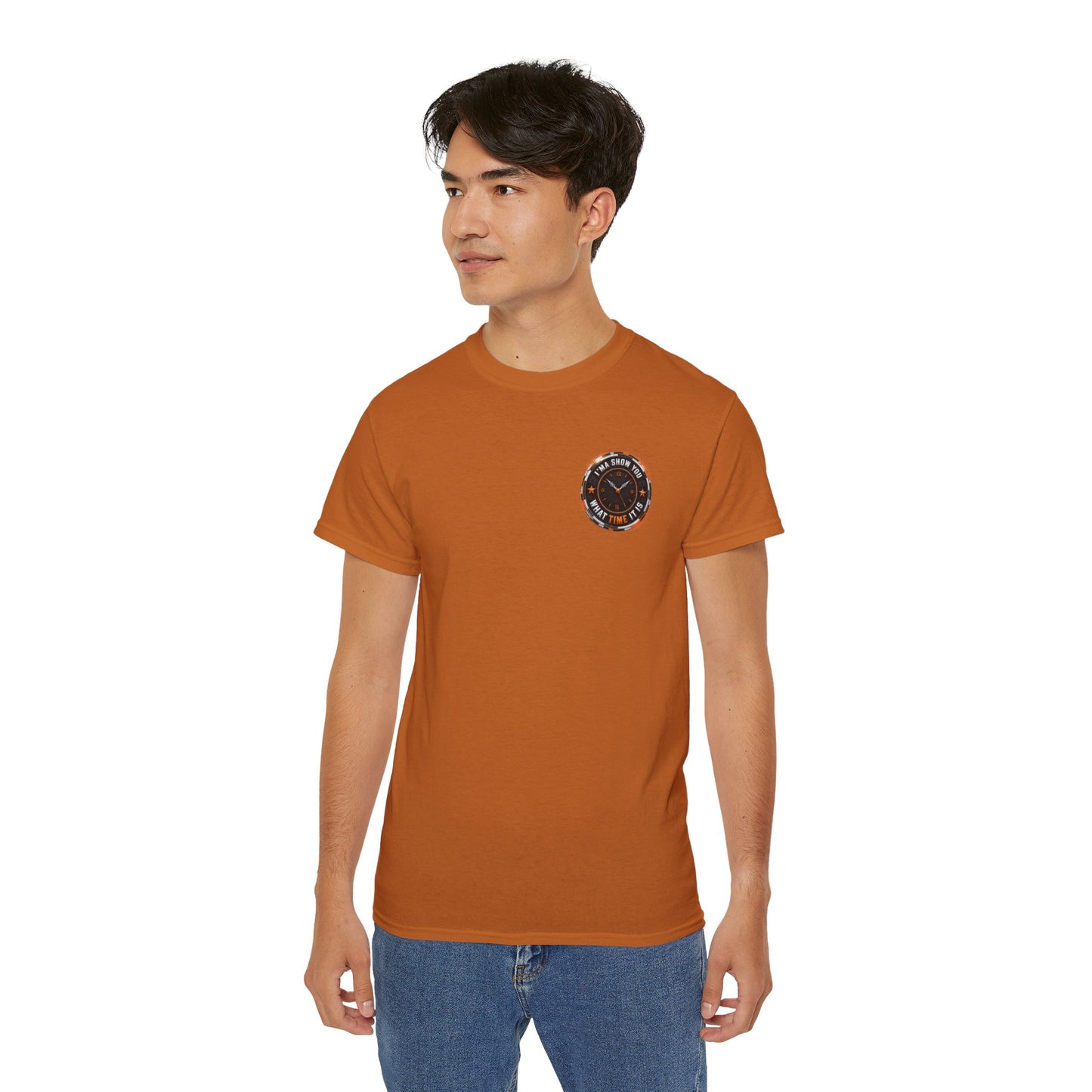 Black T‑Shirt with Orange Holographic Poker Chip Logo – Casino Night Tee