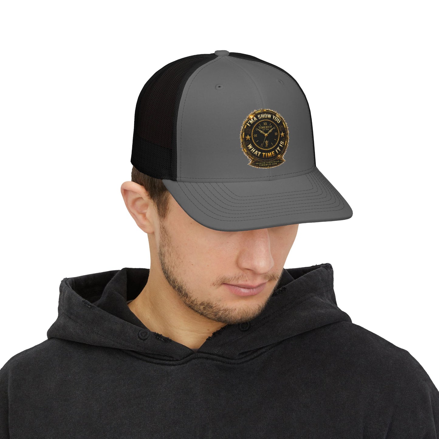 Trucker Cap — "What Time Is It?" Vintage Clock Patch Snapback