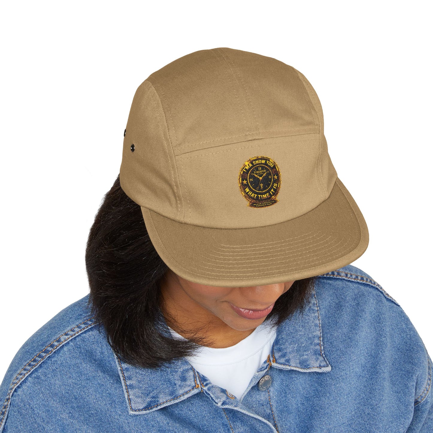 Embroidered Compass Badge 5-Panel Cap — Khaki Outdoor Adventure Hat