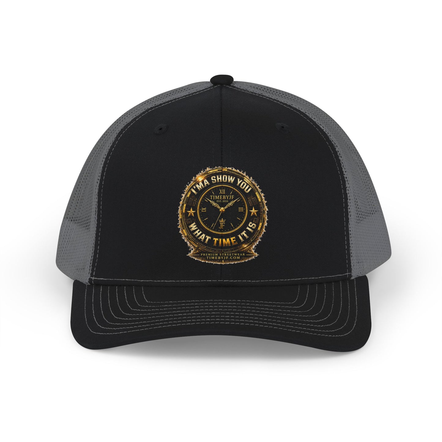 Trucker Cap — "What Time Is It?" Vintage Clock Patch Snapback