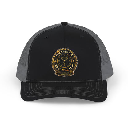Trucker Cap — "What Time Is It?" Vintage Clock Patch Snapback
