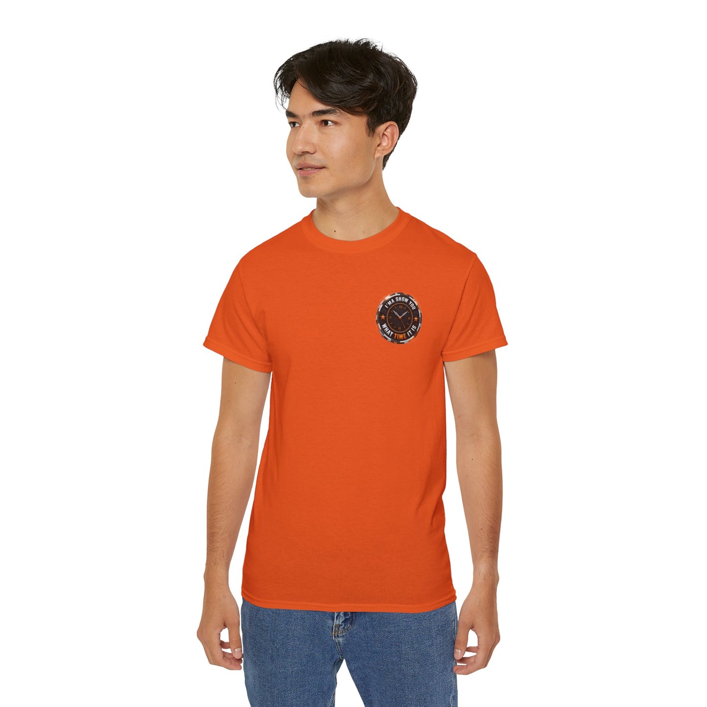 Black T‑Shirt with Orange Holographic Poker Chip Logo – Casino Night Tee