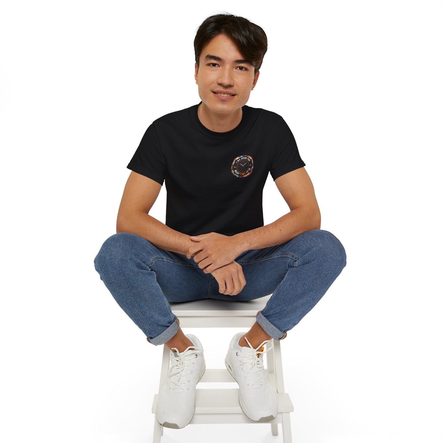 Black T‑Shirt with Orange Holographic Poker Chip Logo – Casino Night Tee