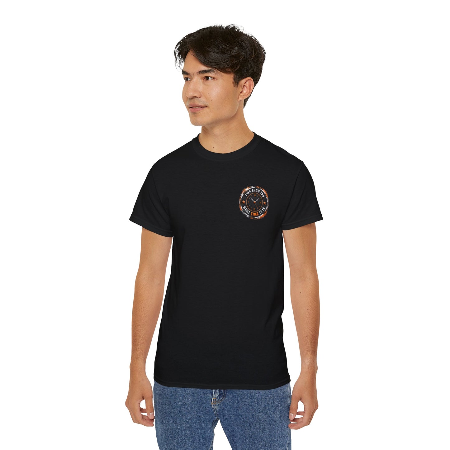 Black T‑Shirt with Orange Holographic Poker Chip Logo – Casino Night Tee