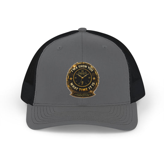 Trucker Cap — "What Time Is It?" Vintage Clock Patch Snapback