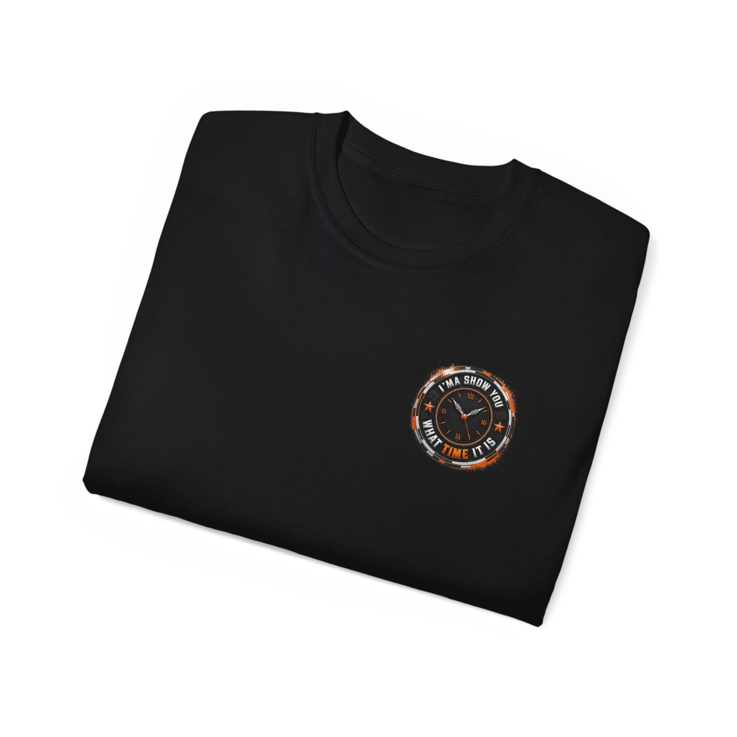 Black T‑Shirt with Orange Holographic Poker Chip Logo – Casino Night Tee