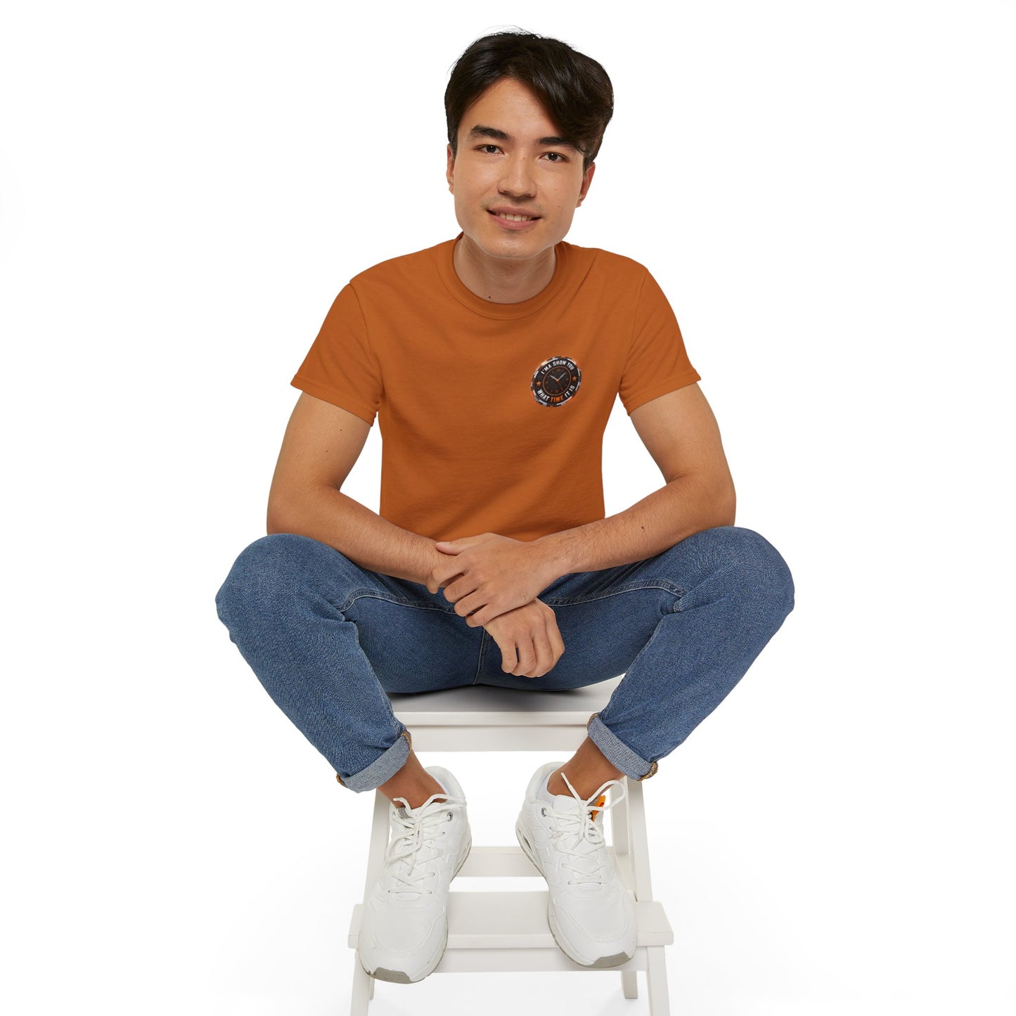 Black T‑Shirt with Orange Holographic Poker Chip Logo – Casino Night Tee