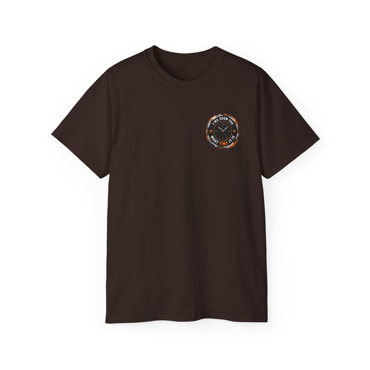 Black T‑Shirt with Orange Holographic Poker Chip Logo – Casino Night Tee