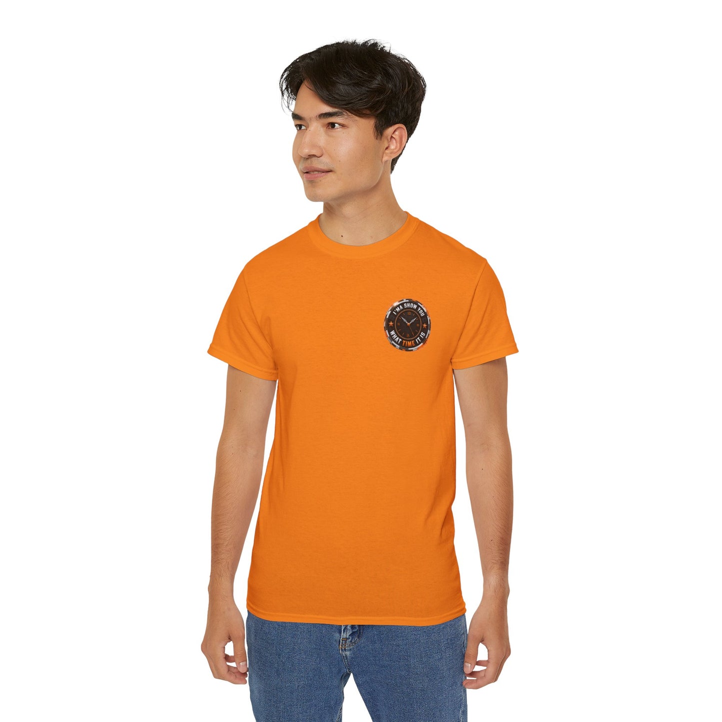 Black T‑Shirt with Orange Holographic Poker Chip Logo – Casino Night Tee