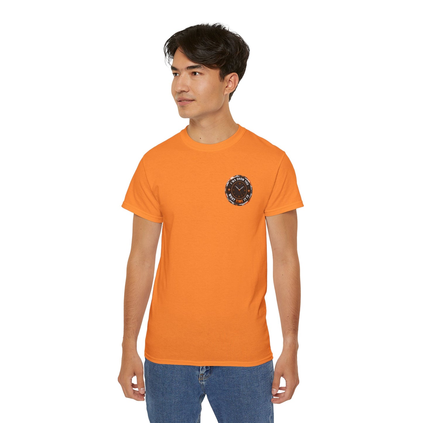 Black T‑Shirt with Orange Holographic Poker Chip Logo – Casino Night Tee