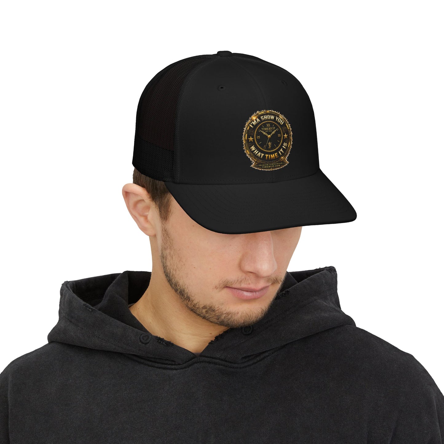 Trucker Cap — "What Time Is It?" Vintage Clock Patch Snapback